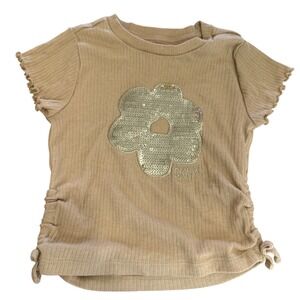 Sparkly DKNY Girls Ribbed T Shirt Flower Sequin Drawstring Sides Size 2T Beige